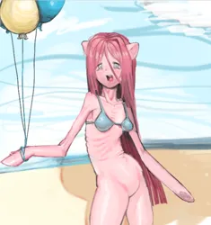 Size: 730x778 | Tagged: safe, artist:calmstate2, derpibooru import, pinkie pie, anthro, earth pony, g4, arm hooves, balloon, beach, bra, clothes, concave belly, emaciated, featureless crotch, female, image, pinkamena diane pie, png, ribs, skinny, solo, thin, underwear