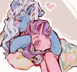 Size: 1030x970 | Tagged: safe, artist:neexsa_, derpibooru import, starlight glimmer, trixie, pony, unicorn, g4, blanket, blushing, cuddling, duo, female, floating heart, heart, horn, image, jpeg, lesbian, pillow, shipping, startrix