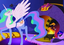 Size: 405x289 | Tagged: safe, derpibooru import, princess celestia, twilight sparkle, alicorn, pony, unicorn, g4, butt, caught, celestia's bedroom, clothes, fanfic art, female, filly, filly twilight sparkle, fireplace, horn, image, jpeg, saddle, socks, spread wings, stockings, sunbutt, tack, thigh highs, wings, younger