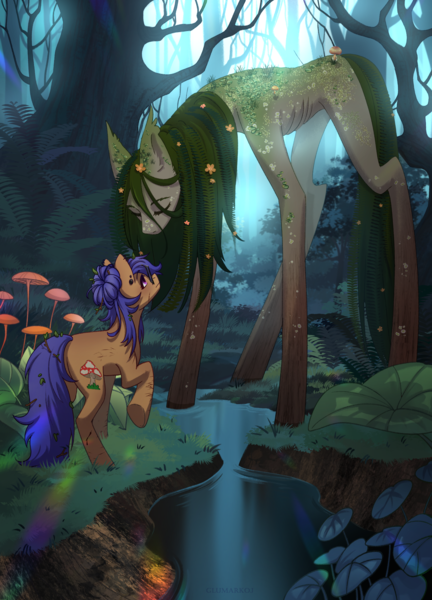 Size: 1949x2707 | Tagged: safe, artist:glumarkoj, derpibooru import, oc, unofficial characters only, earth pony, pony, duo, ear fluff, ear piercing, ear tufts, eyes closed, female, flower, flower in hair, forest, hair bun, height difference, image, leaf mane, looking at each other, looking at someone, mare, messy mane, mushroom, nature, piercing, png, ribs, river, scratches, stream, substrate body, tree, water