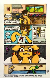 Size: 2089x3264 | Tagged: safe, artist:wren, ponerpics import, oc, oc:anon, oc:maría teresa de los ponyos paguetti, pony, appalled, comic, empanada, female, food, horrified, hot sauce, image, indoors, jpeg, kitchen, mare, refrigerator, sandals, shocked, spanish text, taco bell, throwing, ñ