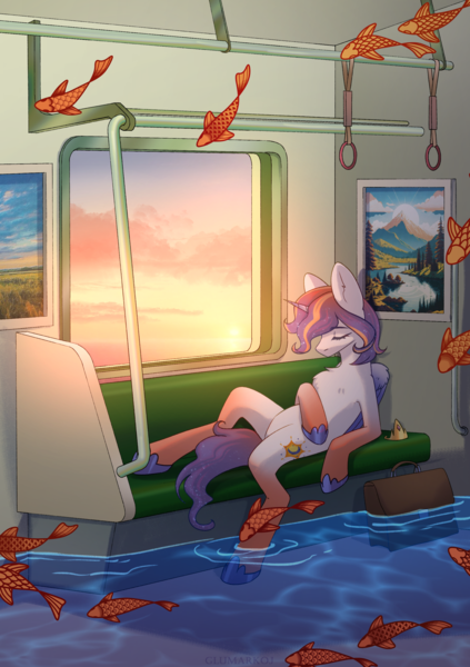 Size: 2039x2894 | Tagged: safe, artist:glumarkoj, derpibooru import, oc, alicorn, fish, pony, alicorn oc, chest fluff, hoof shoes, horn, image, png, reclining, sleeping, solo, suitcase, tram, water, wings