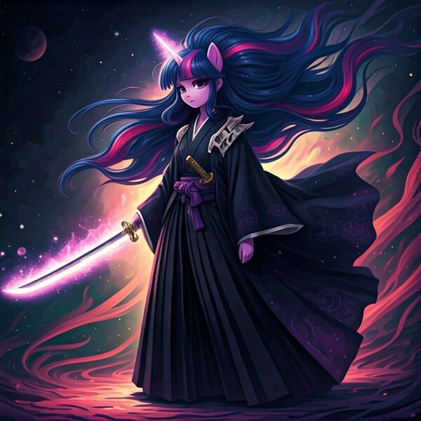 Size: 1024x1024 | Tagged: safe, ai content, generator:google imagen 3.0, machine learning generated, nightcafe ai, twilight sparkle, anime, bleach (manga), crossover, image, jpeg, soul reaper