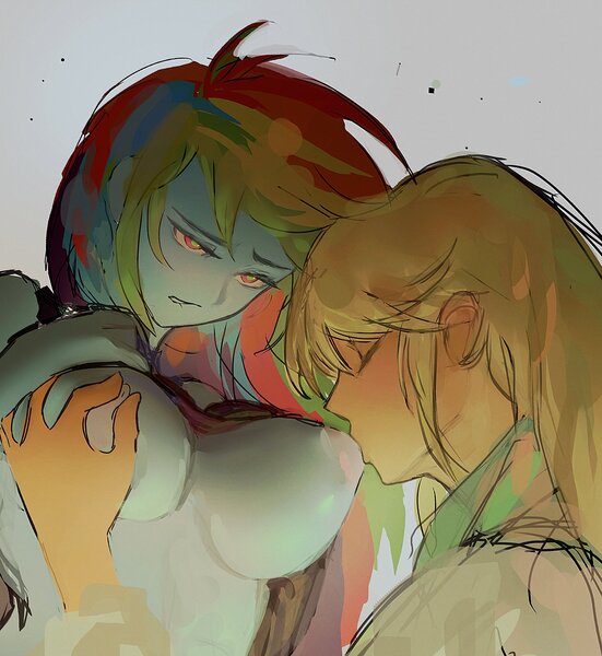 Size: 1838x2002 | Tagged: questionable, artist:zerdasher, derpibooru import, applejack, rainbow dash, human, equestria girls, g4, appledash, blushing, breasts, duo, female, image, jpeg, lesbian, lip bite, nipples, nudity, shipping, suckling