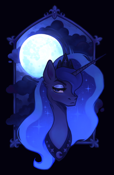 Size: 782x1203 | Tagged: safe, artist:callisto01, derpibooru import, princess luna, alicorn, pony, g4, bust, female, frown, full moon, hair over one eye, image, lidded eyes, mare, moon, night, png, solo