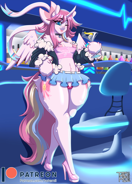 Size: 1085x1505 | Tagged: suggestive, artist:tatemil, derpibooru import, oc, oc:nekonin, alicorn, anthro, alcohol, alicorn oc, bar, belly button, belly fluff, boy toy, breasts, chair, chest fluff, choker, clothes, crossdressing, curved horn, cutie mark on anthro, date (time), delicious flat chest, eyebrows visible through hair, femboy, heart pasties, high heels, horn, image, indoors, jpeg, male, martini glass, midriff, multicolored mane, multicolored tail, my little pony, one eye closed, open jacket, pasties, patreon, shoes, shoulder fluff, signature, skirt, spread wings, standing, thighs, thunder thighs, tongue out, tube top, wings, wink