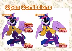 Size: 1310x923 | Tagged: safe, artist:opossum-stuff, derpibooru import, twilight sparkle, twilight sparkle (alicorn), alicorn, anthro, pony, unguligrade anthro, g4, advertisement, bangs, big eyes, clothes, commission info, eye clipping through hair, female, frown, horn, image, jpeg, looking up, mare, open frown, open mouth, orange text, pants, purple coat, small horn, solo, spread wings, starry eyes, straight mane, straight tail, sweater, three quarter view, three toned mane, three toned tail, turtleneck, turtleneck sweater, unicorn horn, wingding eyes, wings, yellow sweater