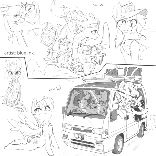 Size: 3000x3000 | Tagged: safe, artist:blue ink, artist:redruin01, derpibooru import, angel bunny, blossomforth, derpy hooves, fluttershy, octavia melody, vinyl scratch, earth pony, pegasus, pony, unicorn, g4, chest fluff, cobra stretch, driving, female, grayscale, high res, hoof hold, horn, image, letter, mailmare, map, mare, monochrome, motorcycle, mouth hold, png, ponies driving cars, simple background, spread wings, stretching, style emulation, sunglasses, sunglasses on head, van, white background, wind, windswept mane, wings