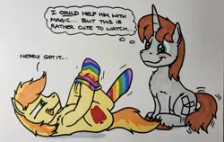 Size: 2047x1293 | Tagged: safe, artist:hoofclid, derpibooru import, braeburn, oc, oc:hoofclid, earth pony, pony, unicorn, g4, canon x oc, clothes, dialogue, duo, duo male, gay, hatless, horn, image, jpeg, lying down, male, missing accessory, narrowed eyes, on back, rainbow socks, shipping, smiling, socks, stallion, striped socks, thought bubble, tongue out