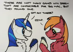 Size: 1997x1426 | Tagged: safe, artist:hoofclid, derpibooru import, big macintosh, shining armor, earth pony, pony, unicorn, g4, chest fluff, dialogue, duo, duo male, eeyup, go fish, horn, image, jpeg, magnetic hooves, male, marker drawing, missing accessory, playing card, stallion, traditional art