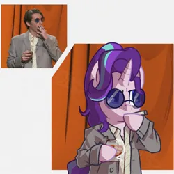 Size: 1500x1500 | Tagged: safe, artist:disaterror, derpibooru import, starlight glimmer, human, pony, unicorn, g4, alcohol, bipedal, cigarette, clothes, drink, female, glasses, hoof hold, horn, image, irl, irl human, jerma985, jpeg, looking away, mare, narrowed eyes, photo, pink coat, purple eyes, redraw, reference used, suit, three quarter view, three toned mane, tinted glasses, unicorn horn