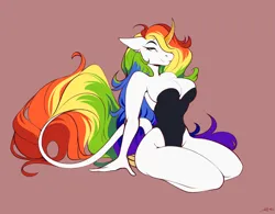 Size: 2175x1694 | Tagged: suggestive, artist:maryy2323, derpibooru import, oc, oc:kadaus, unofficial characters only, anthro, unguligrade anthro, unicorn, breasts, cleavage, clothes, curved horn, eyebrows, eyelashes, female, female oc, floppy ears, hair over one eye, hips, horn, image, jpeg, kneeling, leonine tail, lingerie, multicolored hair, rainbow hair, rainbow tail, solo, tail, thighs, unicorn horn, unicorn oc, white coat