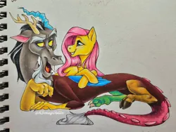 Size: 1080x810 | Tagged: safe, artist:hogg_draws, artist:hoggoblin, derpibooru import, discord, fluttershy, g4, crayon drawing, discoshy, drawing, duo, duo male and female, female, grin, image, jpeg, looking at each other, looking at someone, male, paper, shipping, signature, smiling, smiling at each other, snaggletooth, straight, traditional art