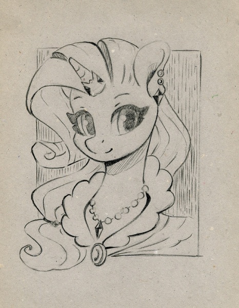 Size: 931x1200 | Tagged: safe, artist:maytee, derpibooru import, rarity, pony, unicorn, g4, bust, clothes, ear piercing, earring, horn, horn ring, image, jewelry, jpeg, monochrome, necklace, piercing, portrait, ring, sketch, solo, traditional art