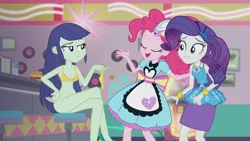 Size: 1920x1080 | Tagged: suggestive, derpibooru import, edit, edited screencap, screencap, blueberry cake, pinkie pie, rarity, human, equestria girls, equestria girls series, g4, pinkie pie: snack psychic, bra, bracelet, clothes, crossed legs, cutie mark, cutie mark on clothes, diner uniform, dress, female, holding panties, image, jewelry, my little pony equestria girls: better together, nudity, panties removed, partial nudity, partial nudity edit, png, rarity peplum dress, server pinkie pie, sweet snacks cafe, underwear, waitress, yellow underwear