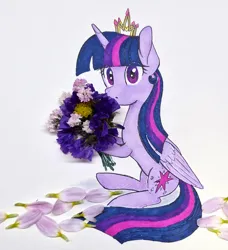 Size: 1693x1854 | Tagged: safe, artist:pelinstwinkle, derpibooru import, twilight sparkle, twilight sparkle (alicorn), alicorn, pony, g4, bouquet of flowers, crown, flower, image, jewelry, petals, png, regalia, solo