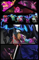 Size: 952x1457 | Tagged: grimdark, artist:alientsdev, derpibooru import, twilight sparkle, twilight sparkle (alicorn), oc, oc:silver star, alicorn, alien, pegasus, pony, unicorn, xenomorph, comic:alien: twilight signing off, g4, alien (franchise), blood, clothes, comic, death, dialogue, female, fight, force field, gun, handgun, horn, image, jacket, male, mare, pistol, png, shooting, space station, stallion, weapon