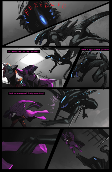 Size: 952x1457 | Tagged: semi-grimdark, artist:alientsdev, derpibooru import, twilight sparkle, twilight sparkle (alicorn), oc, alicorn, alien, pony, unicorn, xenomorph, comic:alien: twilight signing off, g4, alien (franchise), artificial alicorn, artificial wings, augmented, chase, clothes, comic, dialogue, female, horn, image, jacket, magic, magic wings, mare, png, space station, wings