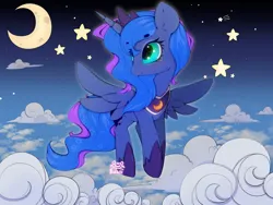 Size: 4000x3000 | Tagged: safe, artist:zokkili, derpibooru import, princess luna, alicorn, pony, g4, cloud, crescent moon, crown, ear fluff, eyebrows, eyebrows visible through hair, female, hoof shoes, horn, image, jewelry, jpeg, moon, outdoors, peytral, princess shoes, regalia, sky, solo, spread wings, starry eyes, stars, wingding eyes, wings