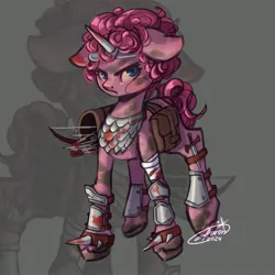 Size: 3000x3000 | Tagged: safe, artist:itsaaron, derpibooru import, pinkie pie, earth pony, pony, g4, alternate universe, armor, arrow, bag, bandage, blood, bloodshot eyes, bow (weapon), bow and arrow, dagger, female, horn, image, infection au, jpeg, mare, saddle bag, solo, spikes, weapon