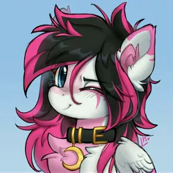 Size: 9000x9000 | Tagged: safe, artist:lunylin, derpibooru import, oc, oc:lunylin, unofficial characters only, pegasus, pony, bust, chest fluff, coat markings, collar, colored belly, colored ear fluff, colored wings, crescent, cute, ear fluff, ear markings, eye markings, eyebrows, eyebrows visible through hair, facial markings, female, folded wings, gradient background, high res, image, jpeg, looking at you, mare, one eye closed, pegasus oc, smiling, smiling at you, solo, stripe (coat marking), two toned mane, two toned wings, wings, wink, winking at you