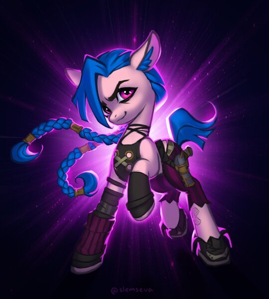 Size: 1748x1944 | Tagged: safe, artist:slemseva, derpibooru import, ponified, earth pony, pony, braid, braided pigtails, clothes, female, gun, handgun, hoof shoes, image, jinx (league of legends), jpeg, league of legends, mare, pigtails, pistol, weapon