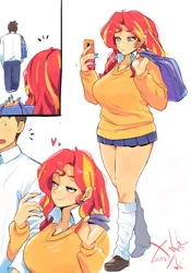 Size: 1400x2000 | Tagged: safe, artist:sozglitch, derpibooru import, sunset shimmer, oc, oc:generic messy hair anime anon, human, g4, 2d, big breasts, breasts, busty sunset shimmer, button-up shirt, canon x oc, clothes, dress pants, dress shirt, female, humanized, image, jpeg, loafers, looking down, looking up, male, mobile phone, nail polish, nails, phone, pleated skirt, purple nails, school uniform, shipping, shirt, skirt, smartphone, straight, sweater vest, uniform