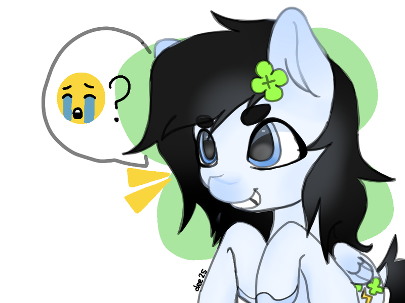 Size: 1024x768 | Tagged: safe, artist:cloveryrhythm, derpibooru import, oc, oc:lucky strike, unofficial characters only, pegasus, pony, clover, crying, emoji, female, filly, foal, grin, hairclip, hooves, hooves up, image, implied foalcon, implied underage, pegasus oc, png, simple background, sitting, smiling, solo, solo female, speech bubble, wings, 😭