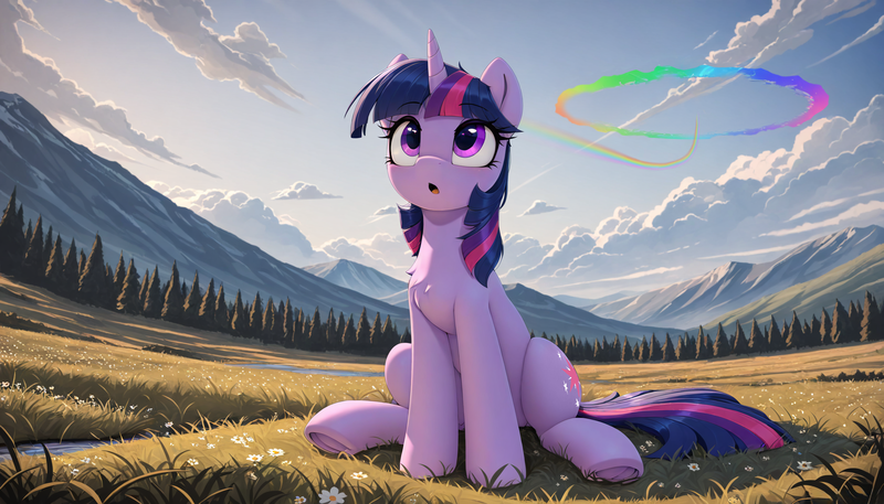 Size: 2016x1152 | Tagged: safe, ai content, derpibooru import, editor:marestare, generator:chromaxlmixv4sorbet, generator:zoinksnoob, machine learning generated, prompter:marestare, stable diffusion, twilight sparkle, pony, unicorn, g4, ai composition, cloud, daisy (flower), detailed, ears up, female, field, flower, forest, frog (hoof), full body, hooves, horn, image, looking up, mare, mountain, nature, offscreen character, open mouth, outdoors, png, rainbow trail, scenery, shading, sitting, sitting on grass, sky, sky background, solo, sonic rainboom, stunned, tail, tongue out, tree, underhoof, unicorn twilight