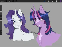 Size: 2048x1536 | Tagged: safe, artist:killektric, derpibooru import, rarity, twilight sparkle, twilight sparkle (alicorn), alicorn, pony, unicorn, g4, art program in frame, bedroom eyes, blushing, duo, duo female, female, gray background, grin, horn, image, jpeg, lesbian, lip bite, looking at each other, looking at someone, markings, redesign, ship:rarilight, shipping, simple background, smiling, wide eyes