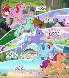 Size: 1205x1367 | Tagged: safe, artist:squishy-lombax, derpibooru import, galaxy (g1), ivy, rainbow dash, razzaroo, sunny starscout, earth pony, pegasus, pony, g1, g2, g3, g4, g5, colored, concave belly, female, image, long mane, long tail, looking at you, looking back, looking back at you, mane stripe sunny, mare, maretime bay, outdoors, physique difference, png, ponyville, rainbow, side view, tail, unshorn fetlocks, watermark