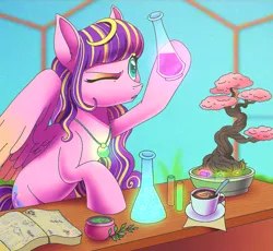 Size: 1405x1292 | Tagged: safe, artist:byefella, derpibooru import, oc, unofficial characters only, pegasus, pony, beaker, bonsai, book, commission, erlenmeyer flask, female, flask, hoof hold, image, indoors, jewelry, magnetic hooves, mare, necklace, one eye closed, png, solo, test tube