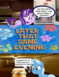 Size: 886x1156 | Tagged: suggestive, derpibooru import, edit, screencap, starlight glimmer, trixie, pony, unicorn, g4, comic, dialogue, female, food, horn, image, jpeg, lesbian, mare, mayonnaise, meme, my little pony, real life background, refrigerator, sandwich, sauce, shipping, smiling, smiling at someone, spongebob squarepants, spongebob time card, startrix