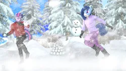 Size: 3840x2160 | Tagged: safe, artist:unie, derpibooru import, twilight sparkle, oc, oc:crystal glaze, alicorn, anthro, plantigrade anthro, unicorn, boots, clothes, dusk shine, gloves, horn, image, jacket, png, rule 63, shoes, snow, snowball, snowball fight, snowman, tree