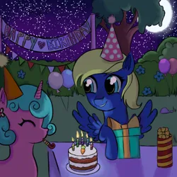 Size: 954x953 | Tagged: safe, artist:pyromaneiac, derpibooru import, oc, oc:haypone, oc:maredobake, unofficial characters only, pegasus, unicorn, birthday, canterlot, everfree outpost, fanart, horn, image, jpeg, party