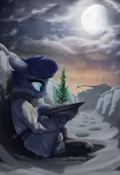 Size: 2656x3850 | Tagged: safe, artist:crazy water, derpibooru import, oc, unofficial characters only, earth pony, pony, equestria at war mod, brodie helmet, clothes, cloud, helmet, image, moon, panzer, pine tree, png, scarf, snow, snowfall, soldier, soldier pony, solo, tank (vehicle), tree, trench, war, winter