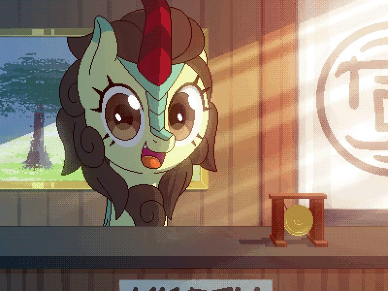 Size: 800x600 | Tagged: safe, artist:rangelost, derpibooru import, oc, unnamed oc, unofficial characters only, kirin, cyoa:d20 pony, crepuscular rays, cyoa, digital art, first person view, image, kirin oc, looking at you, offscreen character, painting, pixel art, png, pov, solo, story included