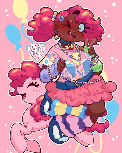 Size: 1152x1440 | Tagged: safe, artist:nerdy_arty_, derpibooru import, pinkie pie, human, g4, beads, blackwashing, fat, humanized, image, jpeg, snaggletooth, winking at you