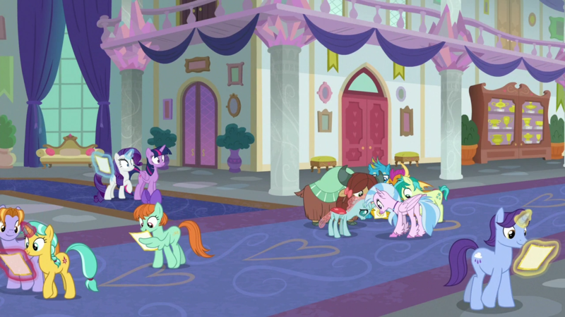 Size: 1280x720 | Tagged: safe, derpibooru import, screencap, auburn vision, citrine spark, fire quacker, gallus, november rain, ocellus, peppermint goldylinks, rarity, sandbar, silverstream, smolder, twilight sparkle, yona, pony, friendship university, g4, friendship student, image, my little pony, png, student six