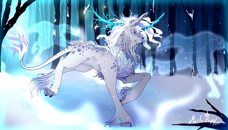 Size: 4500x2560 | Tagged: safe, artist:martazap3, derpibooru import, oc, unofficial characters only, pony, unicorn, forest, horn, horns, image, jpeg, magic, male, nature, running, snow, solo, tree, windigo oc