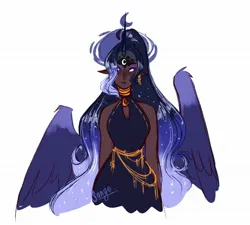 Size: 2048x1842 | Tagged: safe, artist:damienmarkan, derpibooru import, princess luna, human, g4, blackwashing, choker, clothes, dark skin, dress, ear piercing, earring, elf ears, female, horn, horned humanization, humanized, image, jewelry, jpeg, piercing, simple background, white background, winged humanization, wings