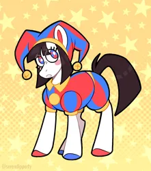 Size: 1268x1435 | Tagged: safe, artist:wanderingpegasus, derpibooru import, ponified, earth pony, pony, anxiety, anxious, crossover, female, hat, image, jester, jester hat, jester outfit, mare, png, pomni, ponmi, simple background, solo, star background, stars, the amazing digital circus, worried