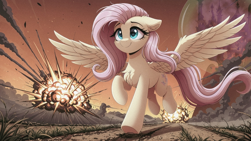 Size: 2720x1536 | Tagged: safe, ai content, derpibooru import, machine learning generated, prompter:midnightdashie, stable diffusion, fluttershy, pegasus, pony, fallout equestria, g4, ai composition, canterlot, explosion, female, generator:pony diffusion v6 xl, image, jpeg, mare, outdoors, pink cloud (fo:e), running, smiling, solo, spread wings, wings