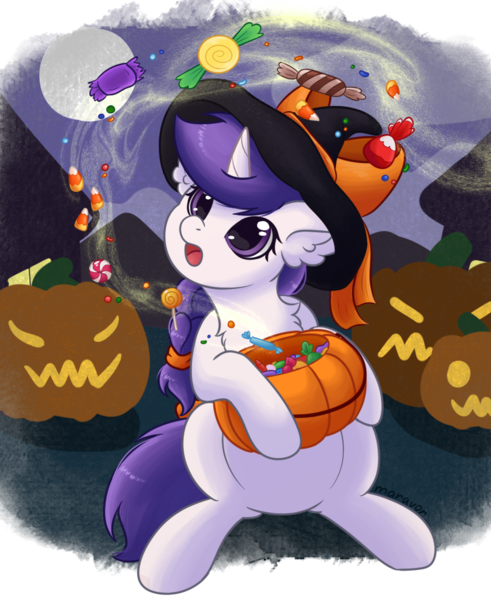 Size: 900x1100 | Tagged: safe, artist:maravor, derpibooru import, oc, pony, unicorn, candy, female, food, hat, horn, image, mare, png, pumpkin bucket, solo, witch hat