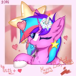 Size: 2000x2000 | Tagged: safe, artist:supershadow_th, derpibooru import, oc, oc:milana, unofficial characters only, alicorn, pony, 2025, balloon, birthday cake, blaze (coat marking), cake, candle, coat markings, facial markings, female, floating heart, food, happy birthday, heart, heart balloon, image, looking at you, mare, one eye closed, png, stars, tongue out, wink, winking at you