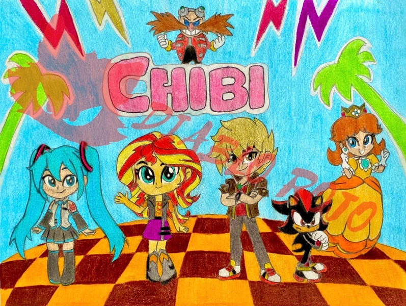 Size: 1899x1429 | Tagged: safe, artist:diablo rojo, derpibooru import, sunset shimmer, oc, oc:hellfire red, human, equestria girls, g4, anime, chibi, crossover, doctor eggman, hatsune miku, image, jpeg, princess daisy, shadow the hedgehog, sonic the hedgehog (series), special stage, super mario, traditional art, vocaloid, watermark