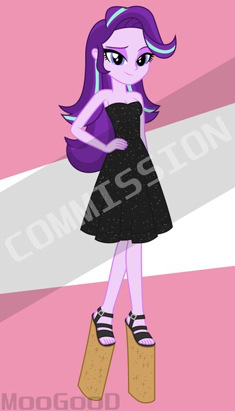 Size: 2000x3500 | Tagged: safe, artist:moogood, derpibooru import, starlight glimmer, human, equestria girls, g4, abstract background, bare shoulders, bedroom eyes, black dress, breasts, clothes, cocktail dress, crossed legs, dress, eyeshadow, female, hand on hip, high heels, high res, image, impossibly large heels, jpeg, looking at you, makeup, multicolored hair, obtrusive watermark, open-toed shoes, platform heels, platform shoes, shoes, signature, simple background, sleeveless, sleeveless dress, smiling, smiling at you, solo, standing, vector, watermark, wedge heel