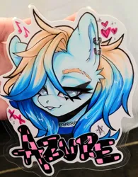 Size: 1906x2438 | Tagged: safe, artist:paintedcora, derpibooru import, oc, oc:azure opus, unofficial characters only, pegasus, badge, bonerblockingbadge, con badge, emo, image, jpeg, traditional art