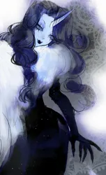 Size: 1315x2160 | Tagged: safe, artist:mivvv, derpibooru import, rarity, anthro, unicorn, g4, abstract background, clothes, dress, horn, human facial structure, image, jpeg, solo