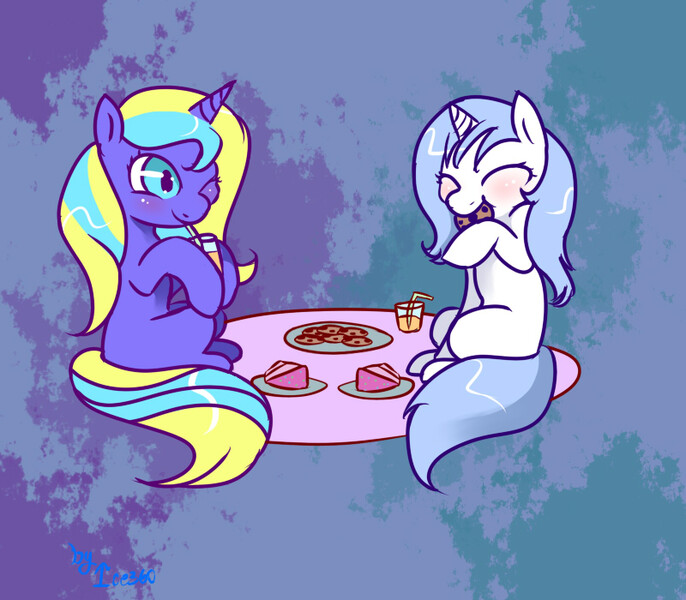 Size: 800x700 | Tagged: safe, artist:kikiluv17, derpibooru import, oc, oc:dawn, oc:sona, unofficial characters only, pony, unicorn, cake, cookie, female, filly, foal, food, horn, image, jpeg